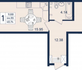 1-комн, 46 кв м, этаж 2/18 