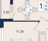 1-комн, 35 кв м, этаж 2/18 