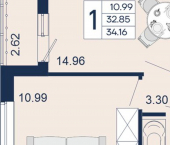 1-комн, 34 кв м, этаж 2/18 