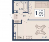 1-комн, 39 кв м, этаж 4/18 