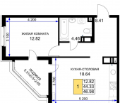 1-комн, 46 кв м, этаж 17/18 Новая улица, 76