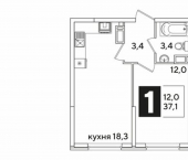 1-комн, 37 кв м, этаж 12/16 улица Ивана Беличенко, 103