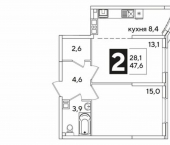 2-комн, 48 кв м, этаж 9/16 улица Ивана Беличенко, 103