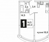1-комн, 40 кв м, этаж 14/16 жилой комплекс Самолёт-6