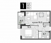 1-комн, 44 кв м, этаж 2/18 улица имени Героя Пешкова, 4 к3