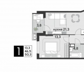 1-комн, 50 кв м, этаж 15/18 улица имени Героя Пешкова, 4 к3