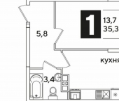 1-комн, 35 кв м, этаж 5/16 улица Ивана Беличенко, 91