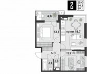 2-комн, 59 кв м, этаж 15/18 улица имени Академика Фёдорова, 13
