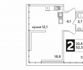 2-комн, 52 кв м, этаж 16/16 улица Западный Обход, 33