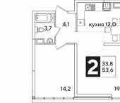 2-комн, 54 кв м, этаж 16/16 улица Западный Обход, 34