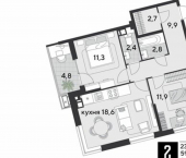 2-комн, 64 кв м, этаж 3/18 улица имени Академика Фёдорова, 5