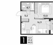 1-комн, 44 кв м, этаж 2/18 улица Западный Обход, 2 к2