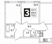 3-комн, 73 кв м, этаж 3/16 улица Ивана Беличенко, 103 к1