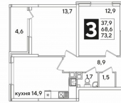 3-комн, 73 кв м, этаж 3/16 улица Ивана Беличенко, 91