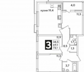 3-комн, 73 кв м, этаж 3/16 улица Ивана Беличенко, 91