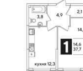 1-комн, 38 кв м, этаж 1/16 улица Западный Обход, 45