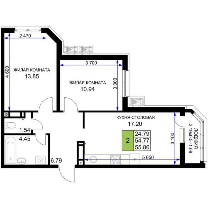 2-комн квартира в новом доме Старокубанская улица, д.2/23
