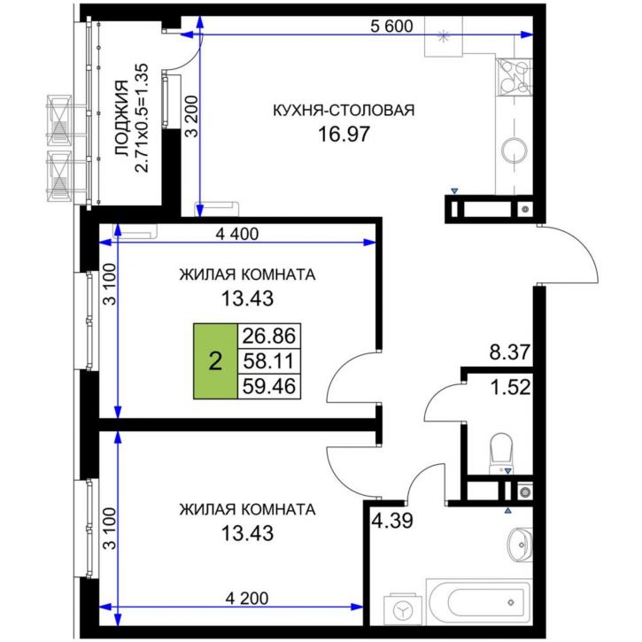 2-комн квартира в новом доме Старокубанская улица, д.2/23