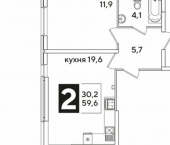 2-комн, 60 кв м, этаж 2/16 улица Западный Обход, 63