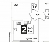 2-комн, 61 кв м, этаж 2/16 жилой комплекс Самолёт-6