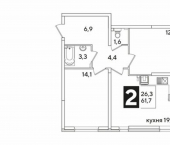 2-комн, 62 кв м, этаж 2/16 ул им. Ивана Беличенко, 103/1