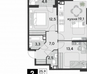 2-комн, 62 кв м, этаж 6/18 улица имени Академика Фёдорова, 5