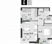 2-комн, 60 кв м, этаж 2/18 улица Героя Пешкова