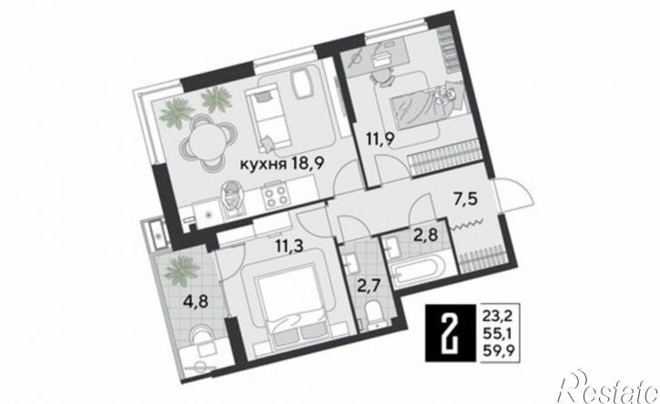 2-комн квартира в новом доме 1-й Лиговский пр-д, 48,  д. 48