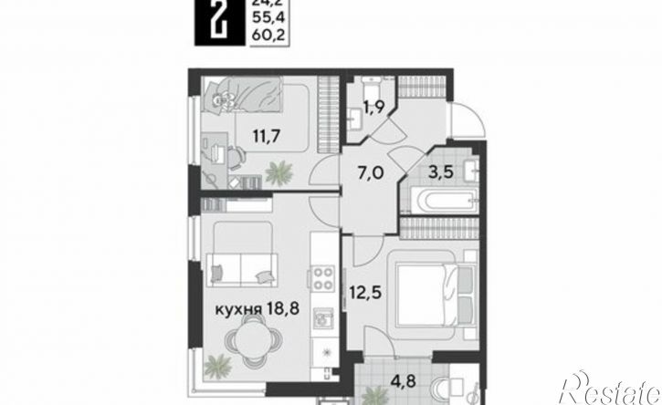 2-комн квартира в новом доме улица Героя Пешкова
