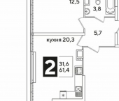 2-комн, 61 кв м, этаж 16/16 жилой комплекс Самолёт-6