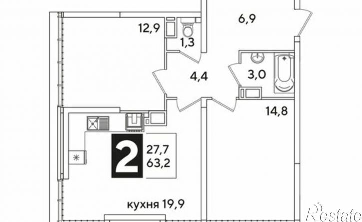 2-комн квартира в новом доме улица Западный Обход, 43