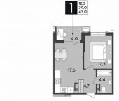 1-комн, 43 кв м, этаж 12/18 улица Героя Хабибуллина, 7
