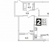 2-комн, 60 кв м, этаж 15/16 жилой комплекс Самолёт-6