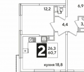 2-комн, 61 кв м, этаж 15/16 улица Западный Обход, 63