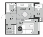 1-комн, 42 кв м, этаж 2/18 улица имени Героя Пешкова, 4 к3
