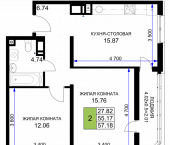 2-комн, 57.18 кв м, этаж 16/18 г. Краснодар ул. Воронежская, з/у 47/39