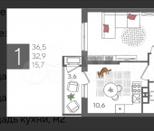 1-комн, 36.5 кв м, этаж 10/24 Новороссийская ул, 90/2