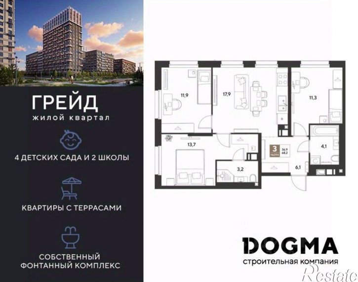 3-комн квартира в новом доме микрорайон Плодородный-2