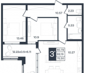 3-комн, 75 кв м, этаж 2/18 ул им. Георгия Жукова, 26