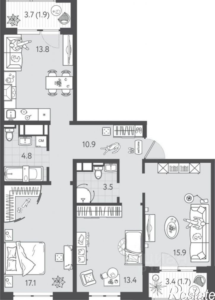 3-комн квартира в новом доме Колхозная улица, 5/2 к3,  д. 5/2 к3
