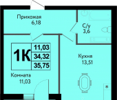 1-комн, 35 кв м, этаж 5/12 