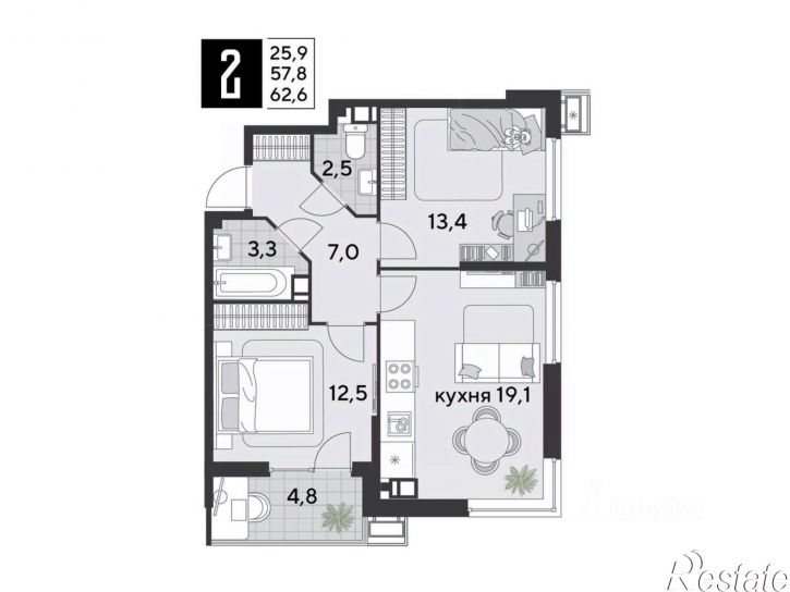 2-комн квартира в новом доме Лиговская улица