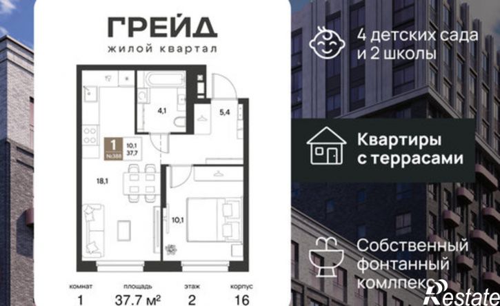 1-комн квартира в новом доме ЖК Грейд