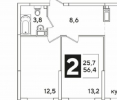 2-комн, 56 кв м, этаж 12/16 улица Ивана Беличенко, 84к3