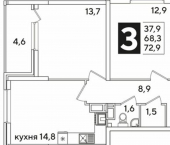 3-комн, 73 кв м, этаж 14/16 ЖК Самолёт-6