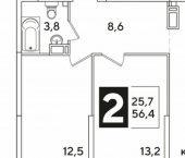 2-комн, 56 кв м, этаж 12/16 ЖК Самолёт-6