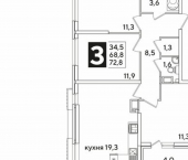 3-комн, 73 кв м, этаж 14/16 ЖК Самолёт-6