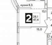 2-комн, 47 кв м, этаж 12/16 ЖК Самолёт-6