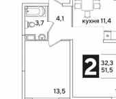 2-комн, 52 кв м, этаж 12/16 ЖК Самолёт-6
