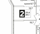 2-комн, 49 кв м, этаж 16/16 ЖК Самолёт-6